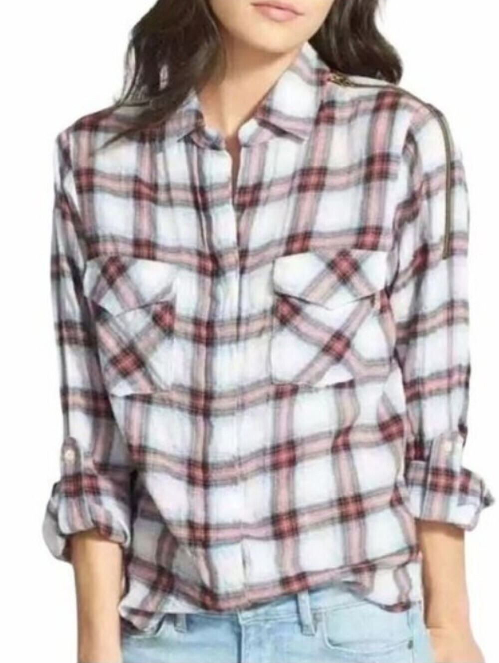 Sam Edelman Riley Plaid Zippered Cold Shoulder Tuxedo Split Hem Button Down Top